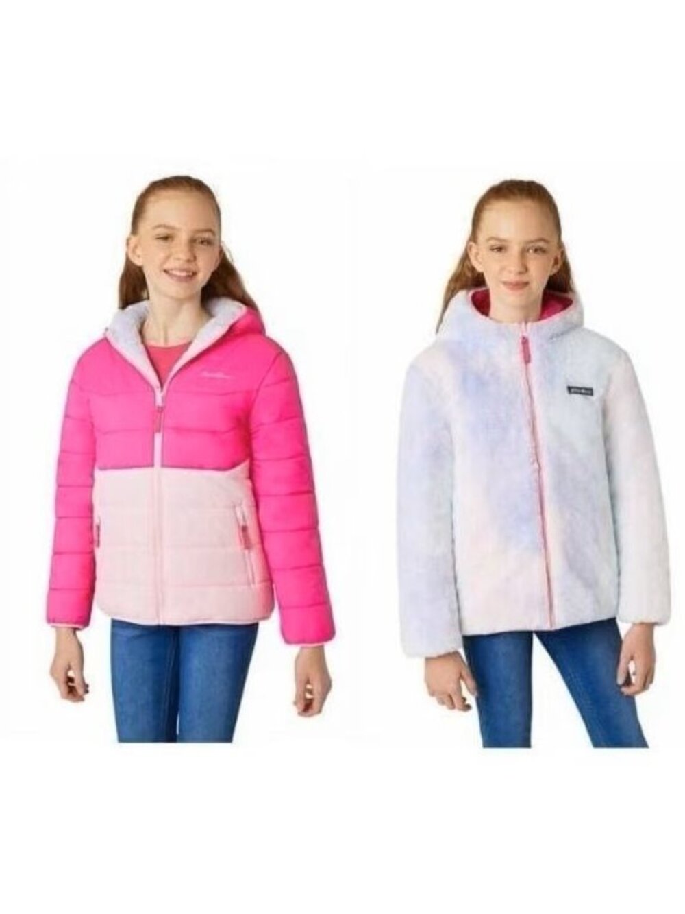 Eddie Bauer Pink Purple Sherpa Reversible Winter Puffer Coat Jacket Girls 14/16